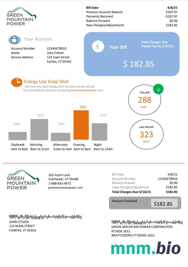 USA Vermont Green Mountain Power elektryczność rachunek za media w formacie Word i PDF